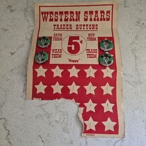 Vtg display card "Western Stars Trader Buttons" W/ 4 Hopalong Cassidy Buttons